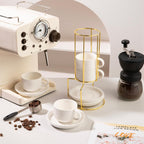 Sweejar Porcelain Espresso Cups with Saucers, 4 Ounce Stackable Cappuccino Cups with Metal Stand for Coffee Drinks, Latte, Tea - Set of 4 (White Gold Stand)