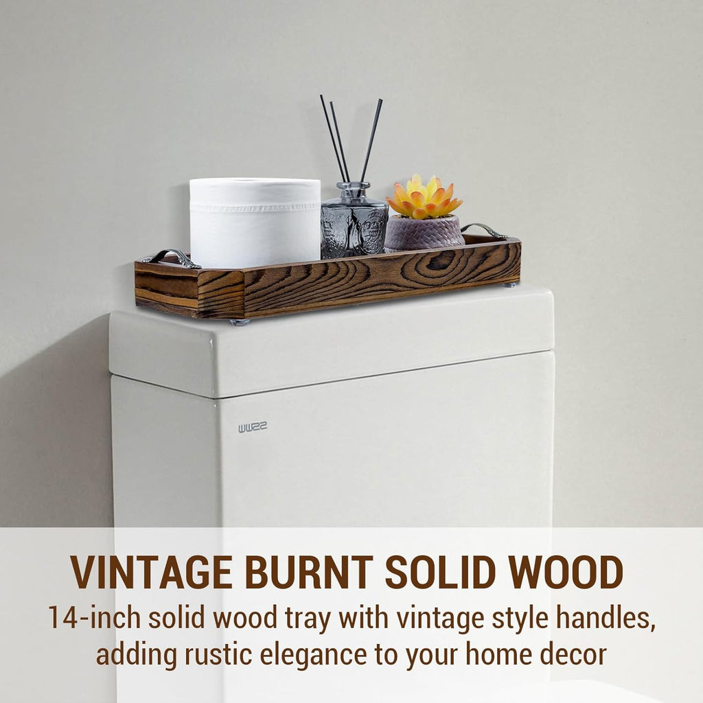 MyGift Wooden Vanity Tray, Rustic Burnt Solid Wood Toilet Tank Tray - Decorative Octagonal Cosmetic Organizer with Antique Metal Handles