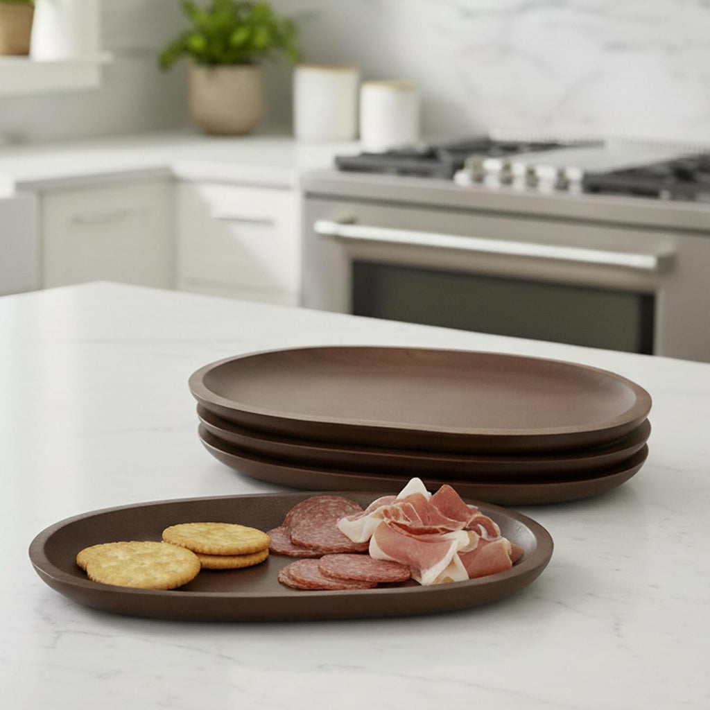 Woodard & Charles Oval Tray Natural Acacia Wood Serving Tray Cheese Wine (Small - Set of 4 - Walnut Stain)
