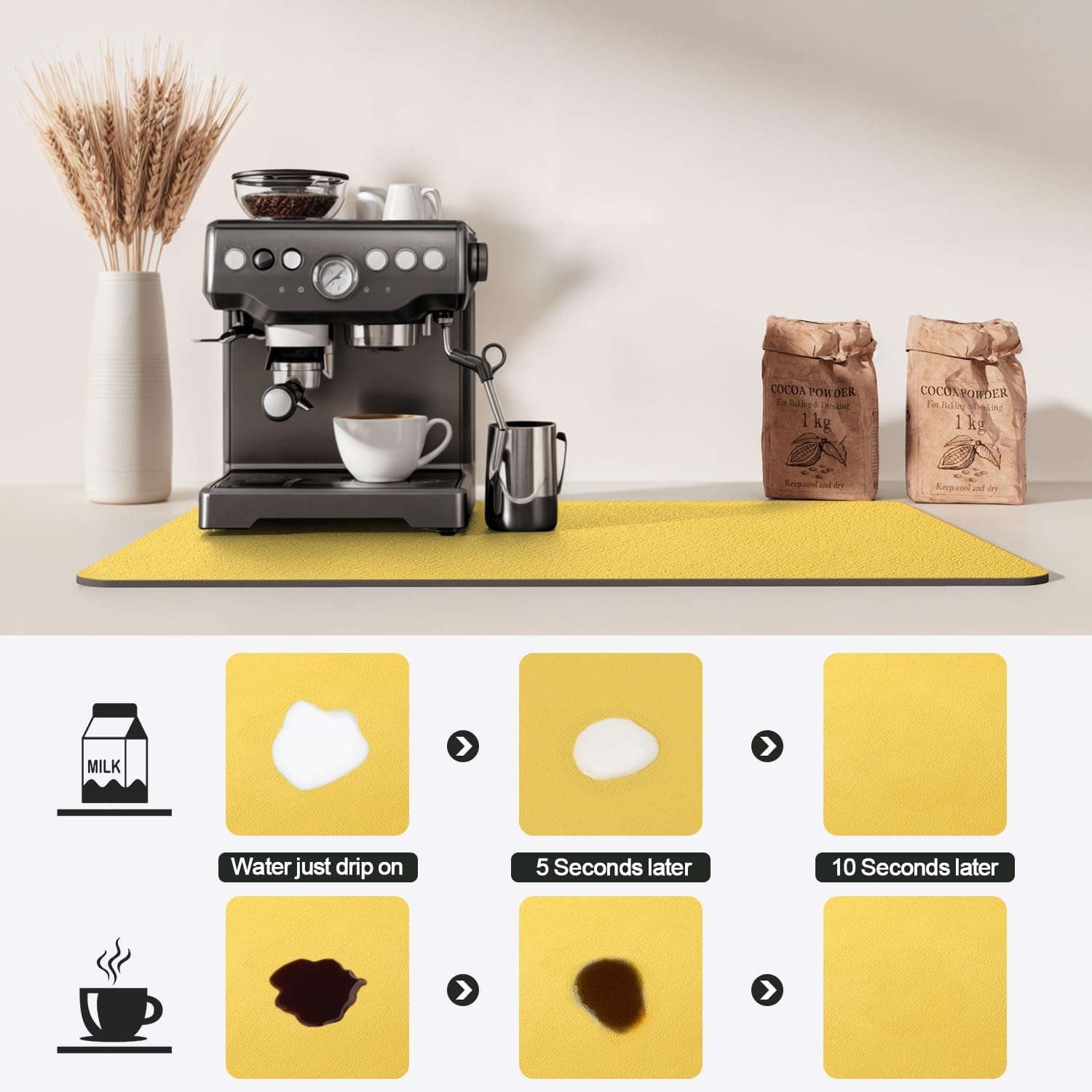 Dish Drying Mat for Kitchen Counter | Coffee Bar Mat for Countertops | Heat Resistant Drainer Mat with Non-slip Rubber Backed | Hide Stain Kitchen Absorbent Draining Mat | Yellow 16"x18"