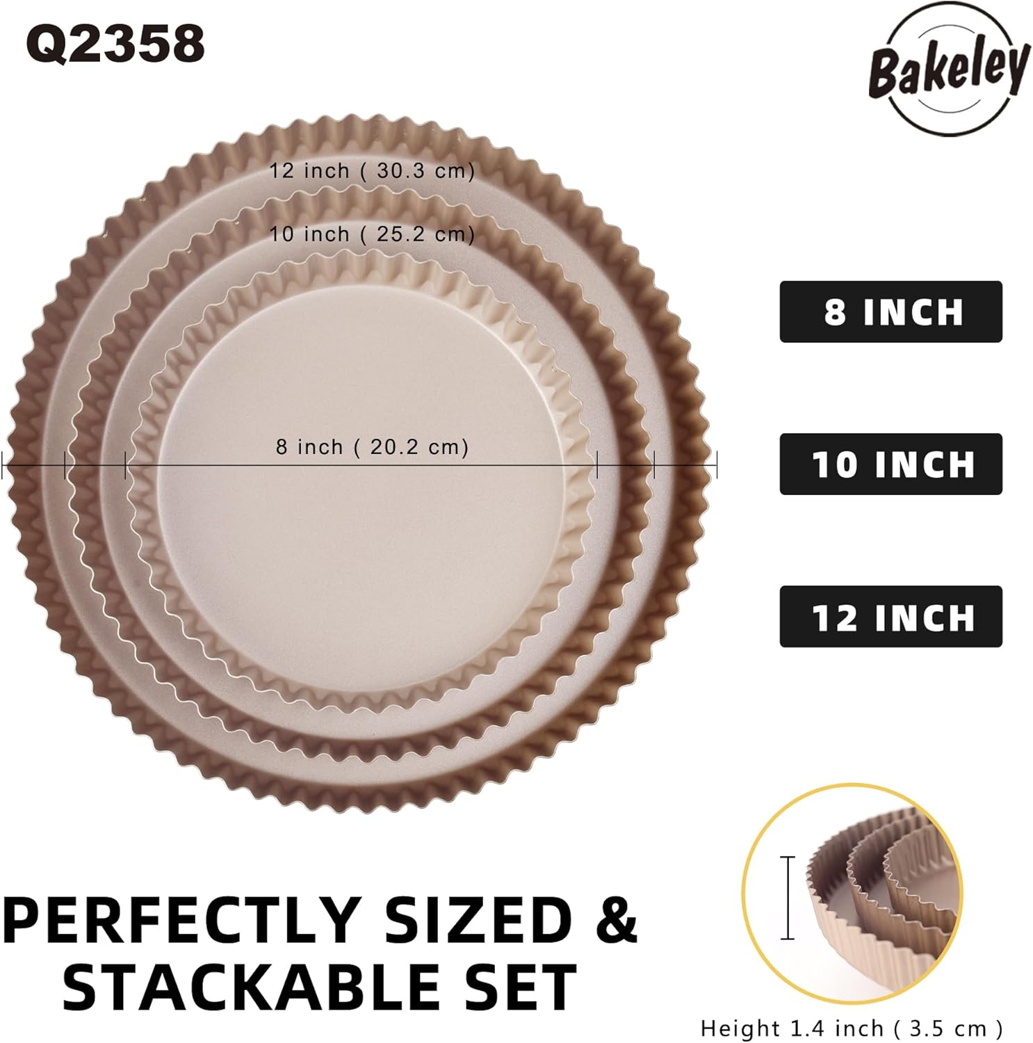 Tart Pan Set, 3 Nonstick Round Quiche Pan, 12 Inch, 10 Inch, 8 Inch Fruit Tart Pan, Flueted Pie Pan Solid Bottom (Champagne Gold)