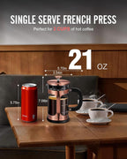 BAYKA 21 Ounce 0.6 Liter French Press Coffee Tea Maker Small, Heat Resistant Thickened Borosilicate Glass Stainless Steel Single Serve Brewer, Cold Brew Percolators, Cafetera Teapot, Copper