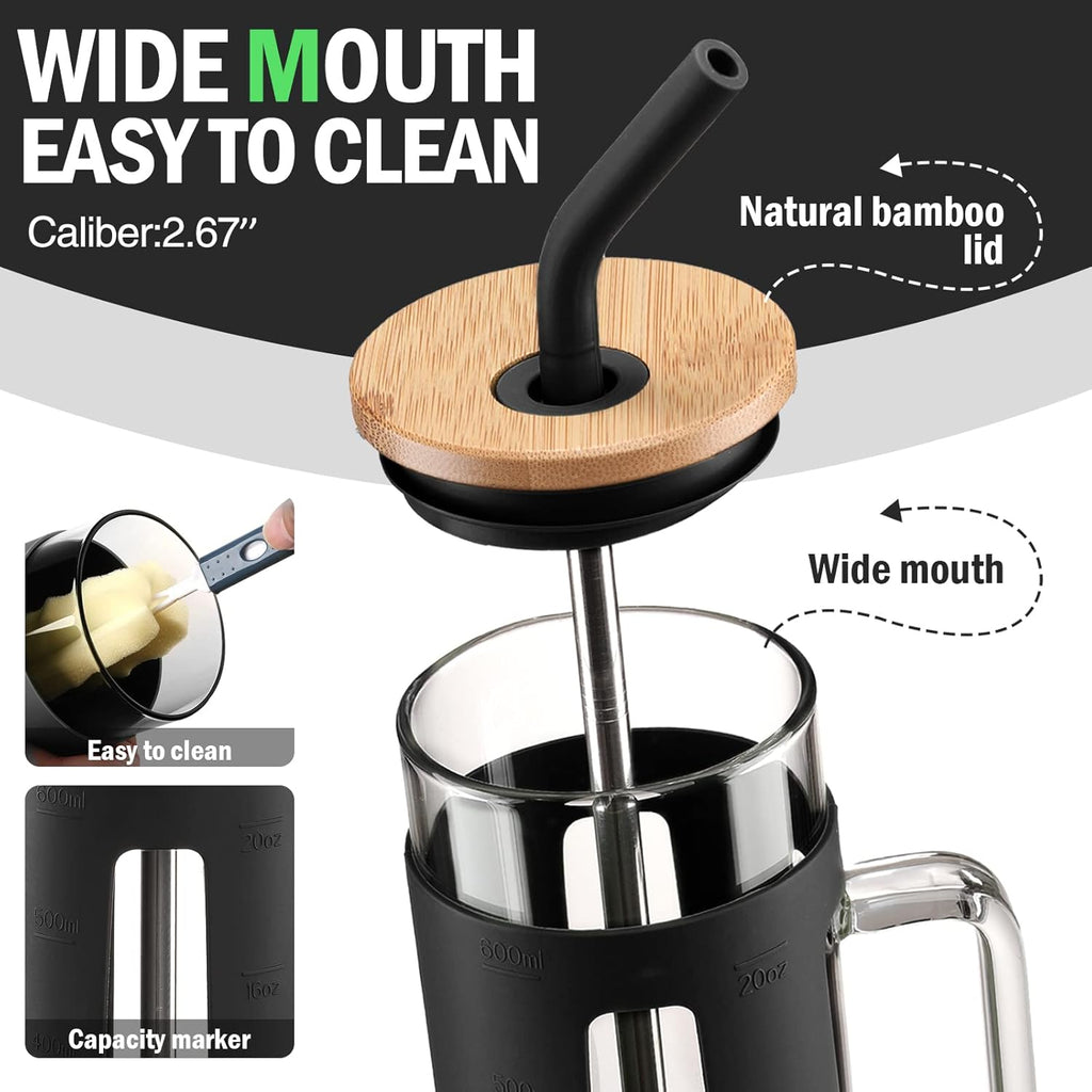 Kodrine Tumbler with Lid and Straw, 20 oz Glass Coffee Tumbler with Handle, Smoothie Cup with Bamboo Lid | Time Marker | Silicone Protective Sleeve, BPA Free - Black