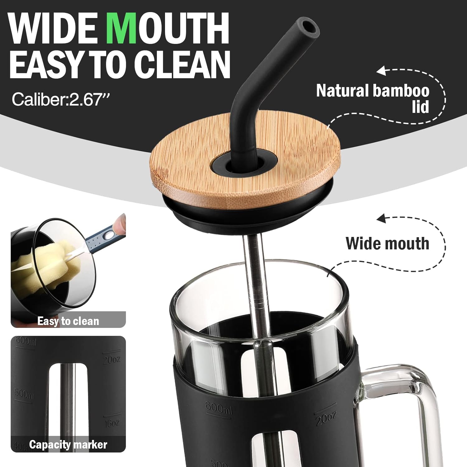 Kodrine Tumbler with Lid and Straw, 20 oz Glass Coffee Tumbler with Handle, Smoothie Cup with Bamboo Lid | Time Marker | Silicone Protective Sleeve, BPA Free - Black