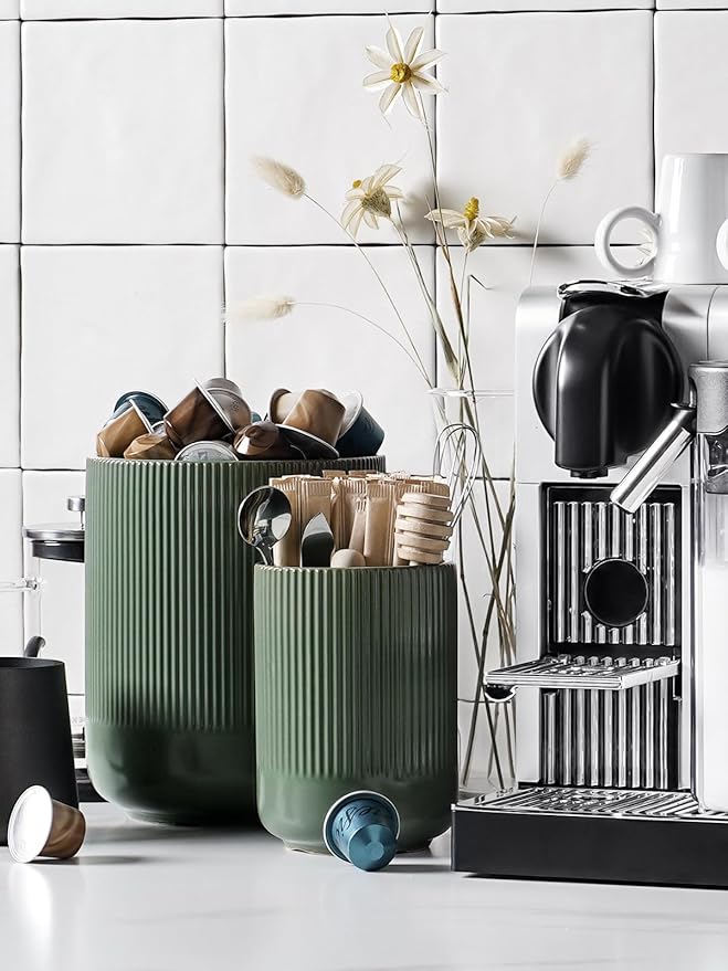 LE TAUCI Utensil Holder, 7.3"+5.4" Ceramic Kitchen Utensil Holder for Countertop, Large Cooking Utensil Crocks for Kitchen Counter, Modern Utensil Organizer for Spatula, Set of 2, Forest Green