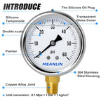 MEANLIN MEASURE 0~60Psi Stainless Steel 1/4" NPT 2.5" Single Scale FACE DIAL, Glycerin Filled Pressure Gauge, Pool Sand Filter, Lower Mount, with 1/2" NPT and 3/8" NPT Hex Bushing
