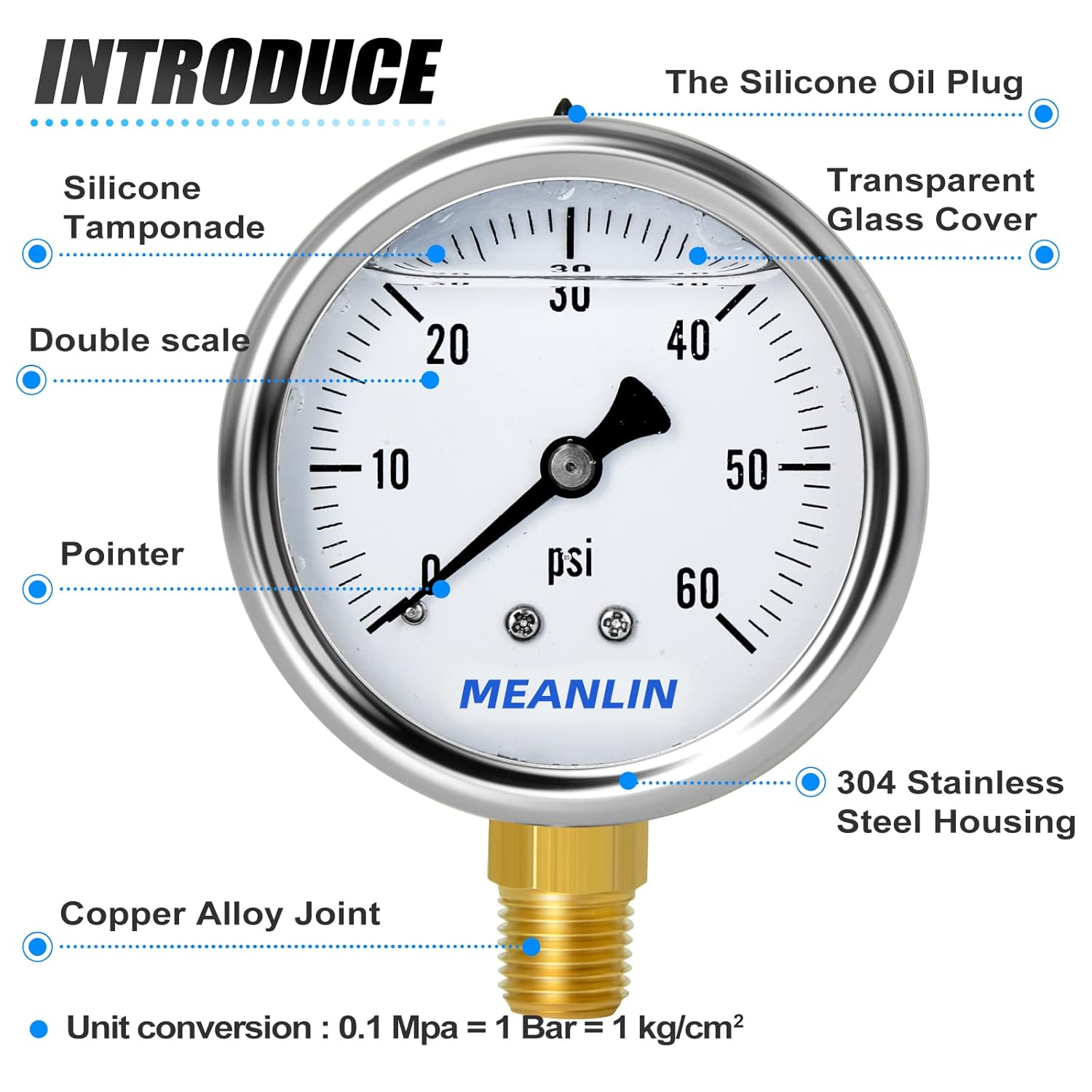 MEANLIN MEASURE 0~60Psi Stainless Steel 1/4" NPT 2.5" Single Scale FACE DIAL, Glycerin Filled Pressure Gauge, Pool Sand Filter, Lower Mount, with 1/2" NPT and 3/8" NPT Hex Bushing
