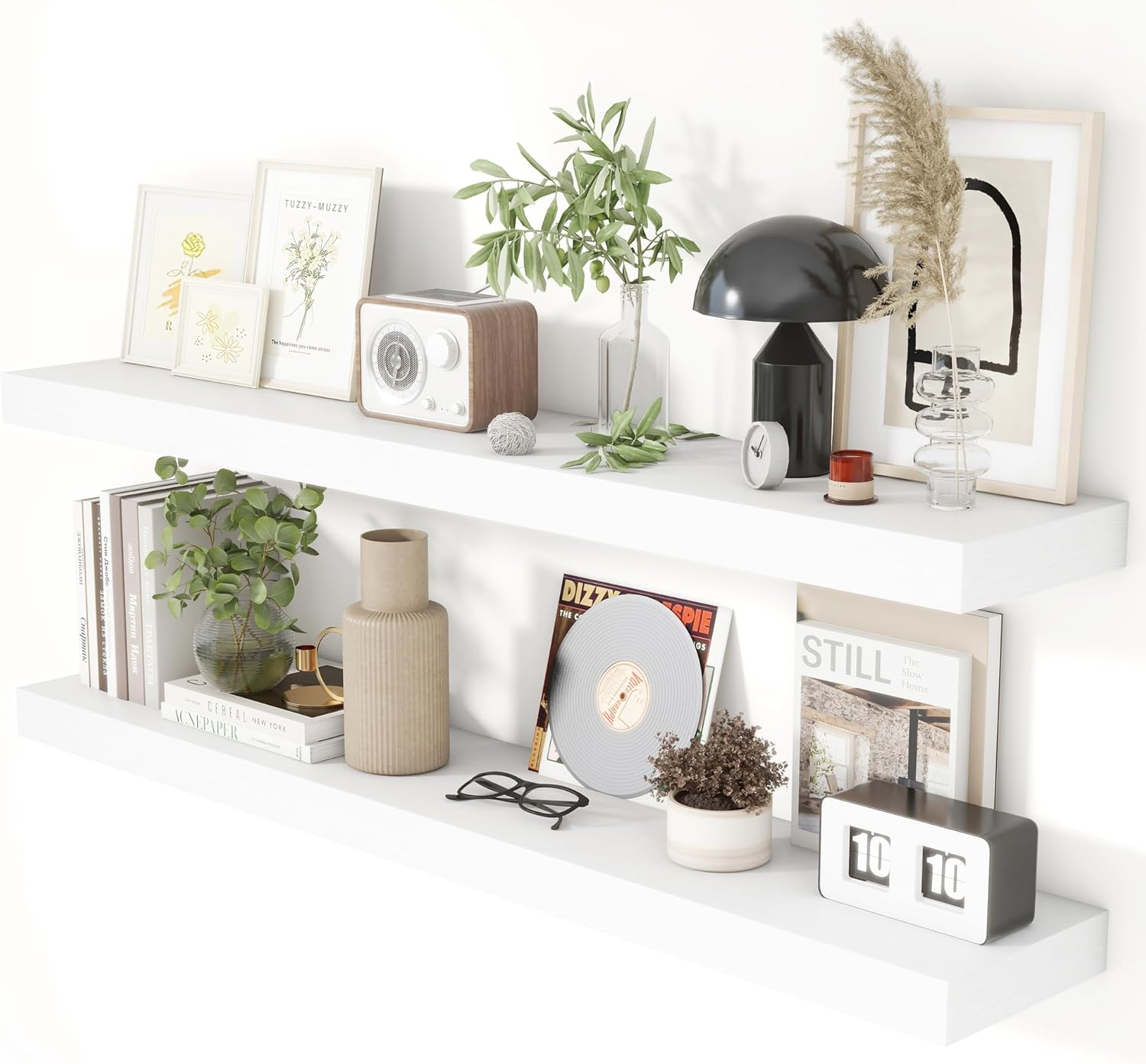 Heimlove 48 Inch Floating Shelves for Wall 8 Inch Deep White Shelves Set of 2,Wall Mounted Rustic Wood Long Floating Shelf，Large Display & Storage Shelf with Invisible Brackets