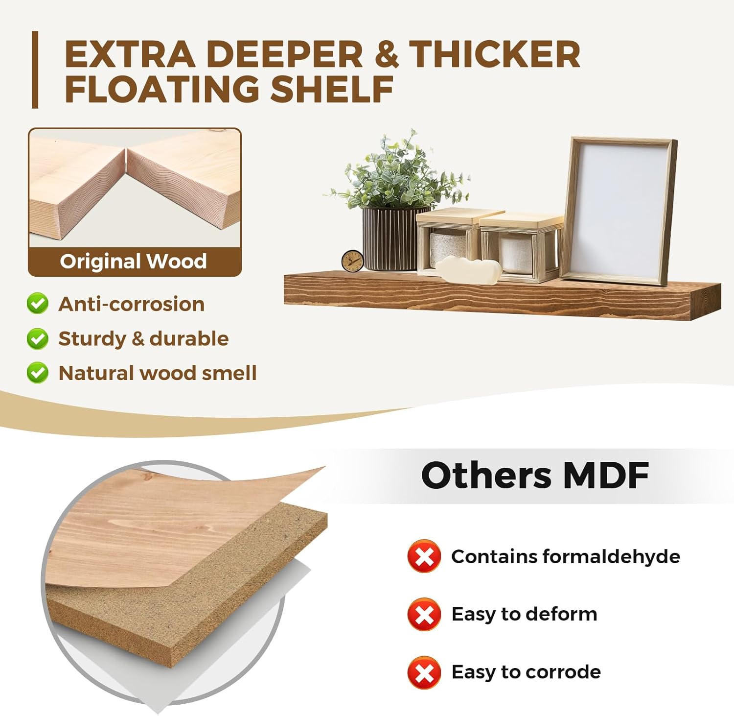 36x8x1.6 inch Floating Shelves Set of 2 – Solid Wood Rustic Oak Wall Mounted Shelf for Kitchen, Bathroom, Living Room