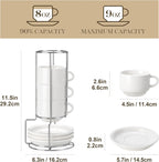 MALACASA 8 OZ Porcelain Espresso Cups with Saucers and Metal Stand Set of 4, Stackable Cappuccino Cups, White Expresso Shots Cup Set for Coffee Drinks, Latte, Tea
