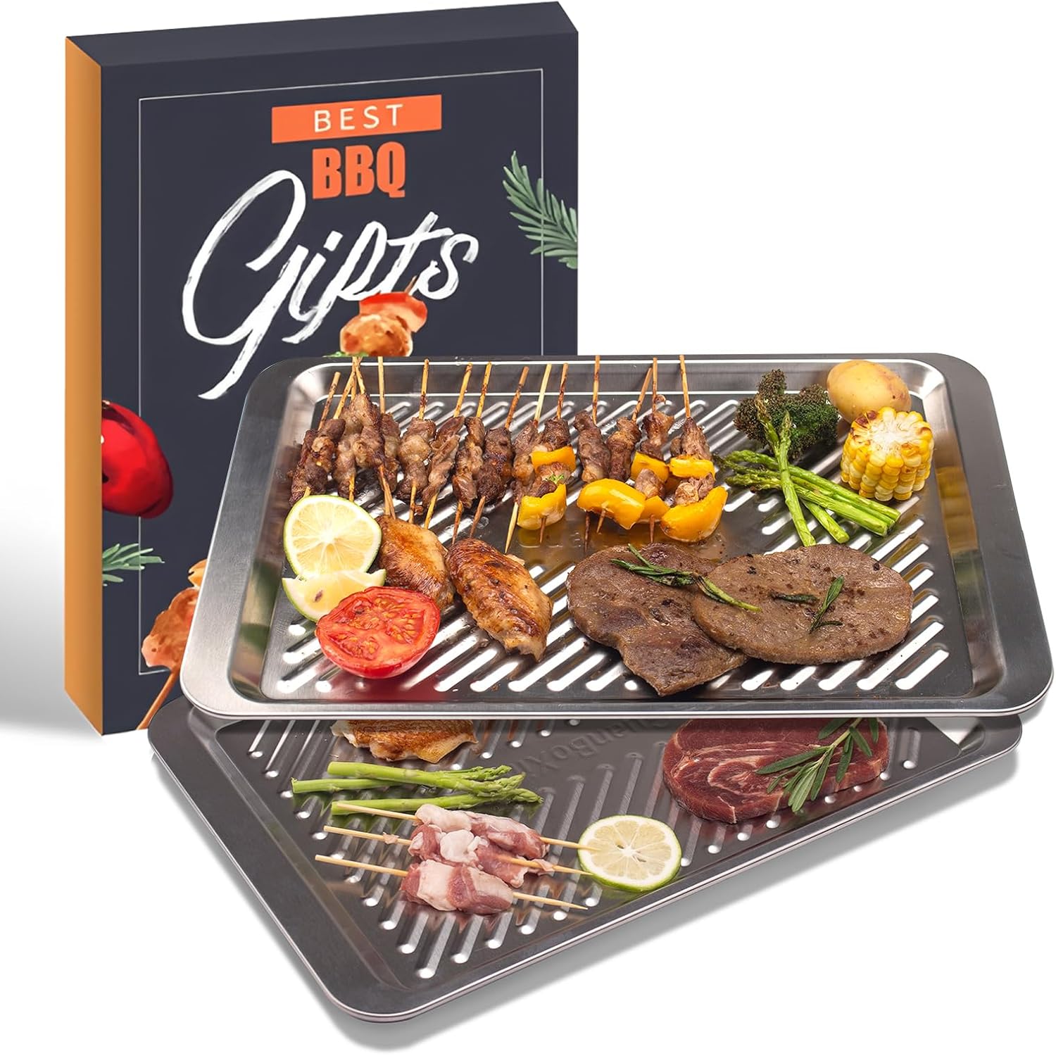 Grilling Prep and Serve Trays Set of 2 Stackable Stainless Steel BBQ Trays Marinating Tray Food Serving Platter for Cooked and Raw Meat BBQ Prep Tub Dishwasher Safe