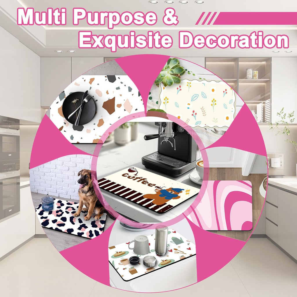 Dish Drying Mat 16" X 24", Super Absorbent & Cuttable Coffee Mats for Countertop, Kitchen Counter Mat Fits Under Coffee Maker or Machine, Hide Stain Drying Pad for Dish Drying Rack, Pink Abstract