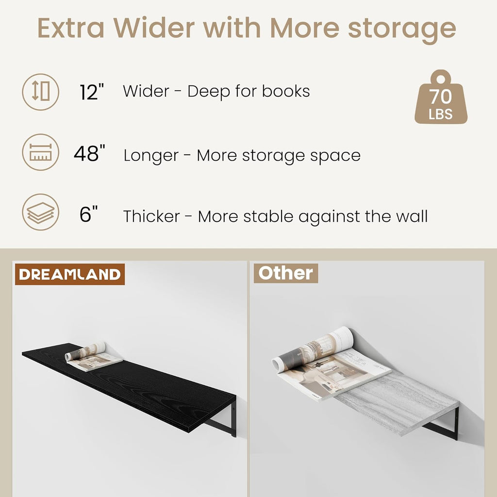 Dreamland Floating Shelves for Wall, 12 Inch Deep Floating Shelves Set of 2, 48W x 12D Large Wall Shelf with Sturdy Metal Brackets for Living Room, Bathroom, Bedroom and Kitchen, Black