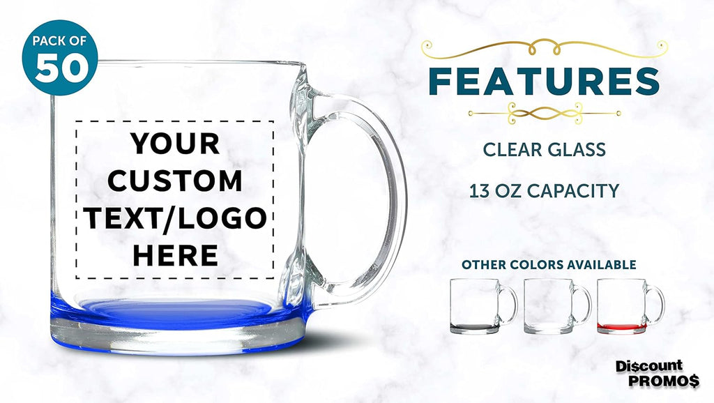 Custom Libbey Clear Glass Coffee Mugs 13 oz. Set of 50, Personalized Bulk Pack - Perfect for Coffee, Tea, Espresso, Hot Cocoa, Other Beverages - Blue Bottom