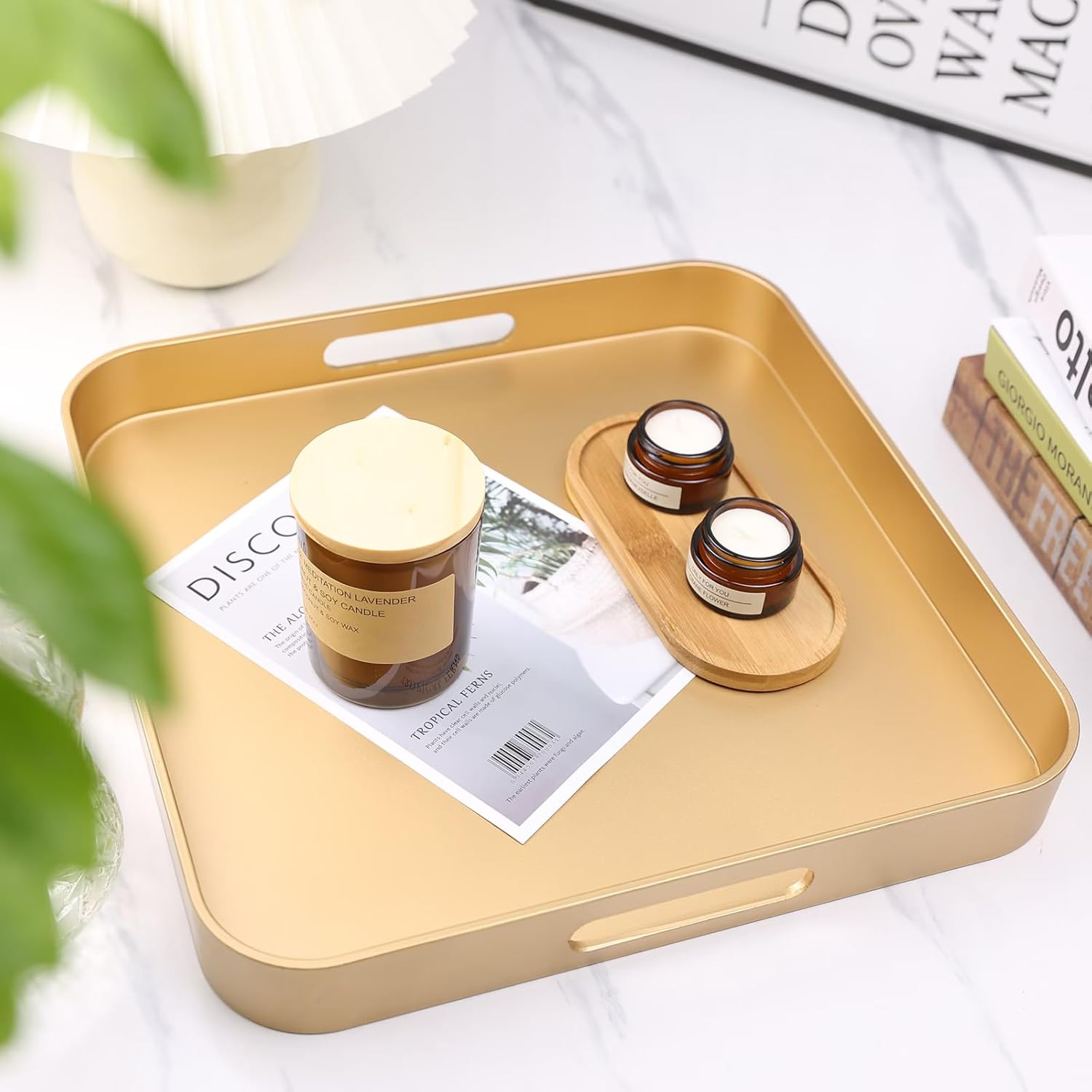 Gold Square Decorative Tray with Handles, 13"*13" Versatile Serving Tray for Coffee Table, Ottoman, Ideal for Serving, Displaying, Organizing