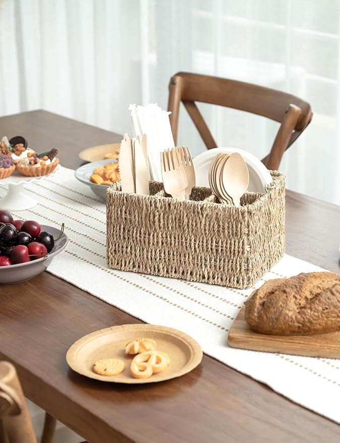 StorageWorks Wicker Flatware Organizer, Hand Woven Seagrass Cutlery Holder for Countertop with Handle, 1 Pack