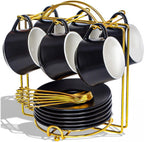 Lareina 3-Ounce Porcelain Espresso Cups Set of 6, Stackable Coffee Cups with Saucers, Spoons and Metal Stand, Ceramic Demitasse Mugs, Espresso Accessories for Machine, Black