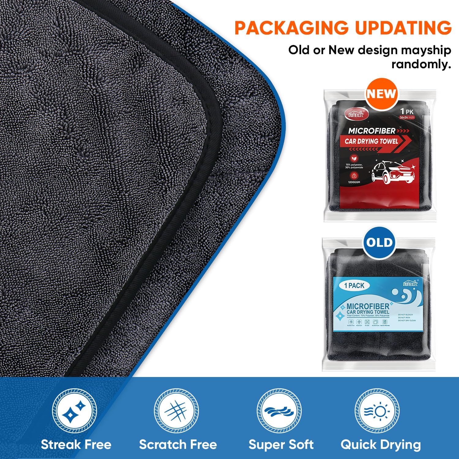 HOMEXCEL Car Drying Towel (36"x 24"), 1200GSM Ultra Absorbent Car Cleaning Cloth, Streak-Free Microfiber Drying Towel, Great for Cars, Trucks, SUVs, RVs, Motorcycles