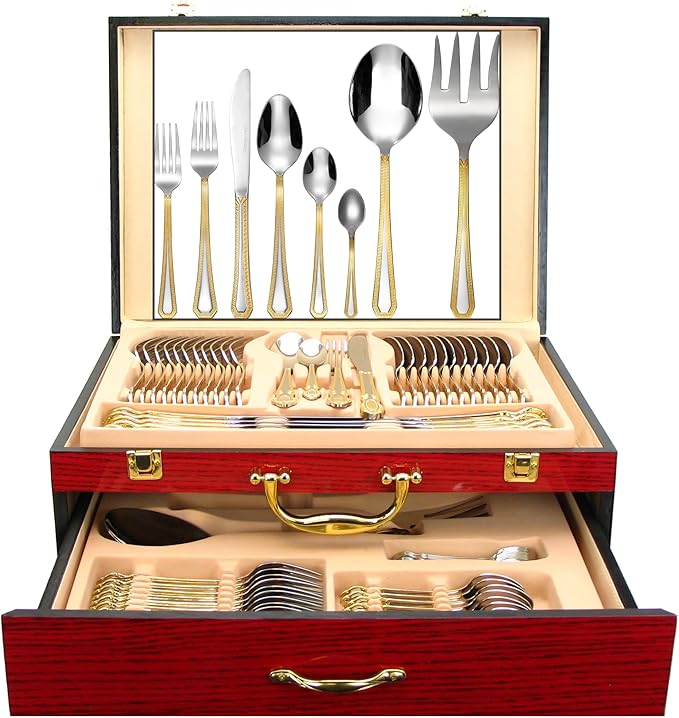 75-Pc Luxury Flatware Set for 12 w/Storage Case 24K Gold Premium Dining Cutlery Service - 18/10 Surgical Stainless Steel Silverware Hostess Serving Set in a Chest