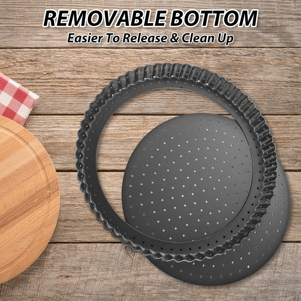 SENENQU 2 PCS 9 Inch Non-Stick Tart Pan, Pie Tart Quiche Pans Removable Bottom Tart Pans Non Stick Pie Pan, Loose Bottom Fluted Tart Pan Round Pot Quiche Pan for Oven Baking