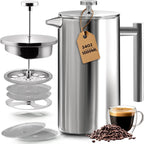 Utopia Kitchen Stainless Steel French Press Coffee Maker 34 Oz (1 Litre) with 2 Extra Filters, French Press Coffee & Tea Maker for Kitchen & Camping, Cold Brew Cafetiere, Silver