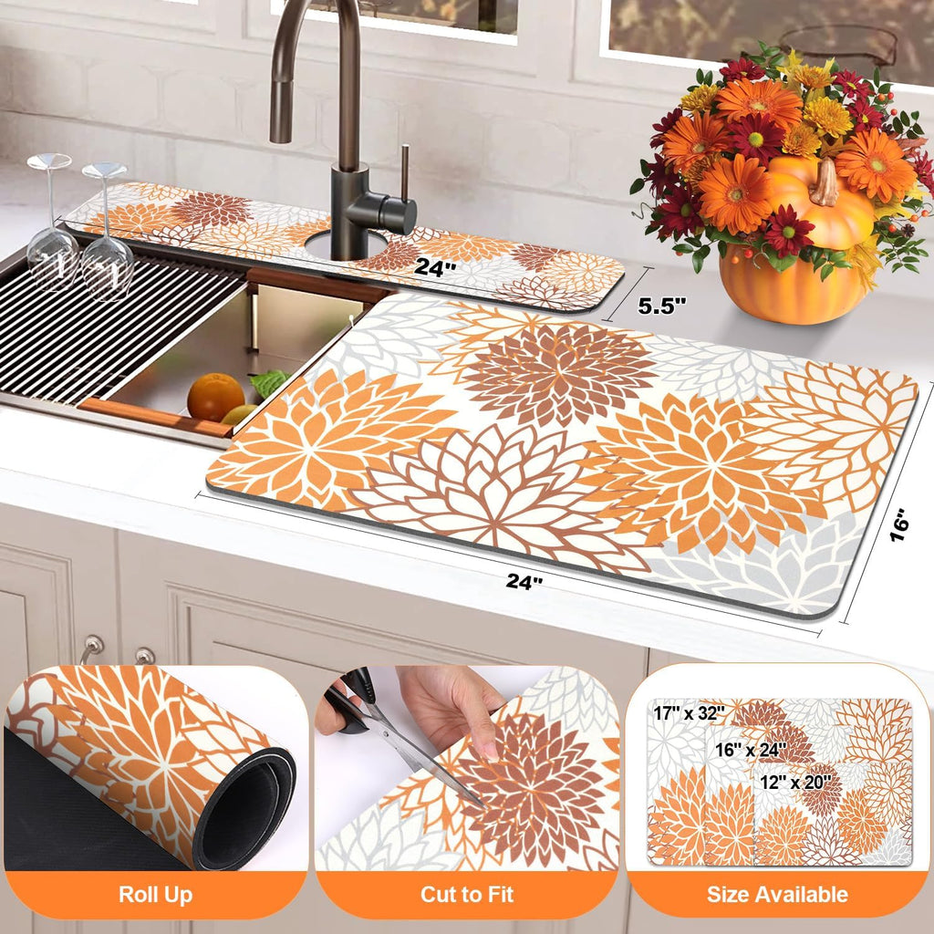 Findosom 2PCS 16" x 24" Fall Dish Drying Mat & 24" x 5.5" Sink Splash Guard, Super Absorbent & Cuttable Dish Mat Drying Kitchen Mat with Orange Floral, Hide Stain Drying Mat for Kitchen Counter