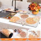 Findosom 2PCS 16" x 24" Fall Dish Drying Mat & 24" x 5.5" Sink Splash Guard, Super Absorbent & Cuttable Dish Mat Drying Kitchen Mat with Orange Floral, Hide Stain Drying Mat for Kitchen Counter