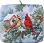 Winter Red Cardinal Bird Dish Drying Mat for Kitchen Counter,Holly Berry Branches Xmas Snowflake Cabin Drying Mat 16 x 18 Inch with High Absorbent Microfiber Drainer Mat for Coffee Bar