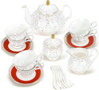 fanquare 21-Piece Red English Porcelain Tea Sets, 6 Cups and Saucers, Colorful Sprinkle Sugar Bone China Tea Set for Afternoon Tea Party, Birthday, Celebrations