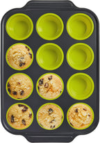 BRONYPRO Silicone Muffin Pans for Baking with Metal Frame, Egg Bite Maker Silicone Molds, Cupcake Pans 12 Regular Size, Muffin Tins Easy to Pop Nonstick Non Toxic Bakeware for Oven, Lime Green