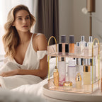 YCIA&DONE Bathroom Organizer Countertop, Makeup Storage, Skincare Cosmetic Tray Shelf, Perfume Holder Rack for Vanity Counter, Large Capacity, Easy to Install, Clean, 2 Tiers, Amber Gold