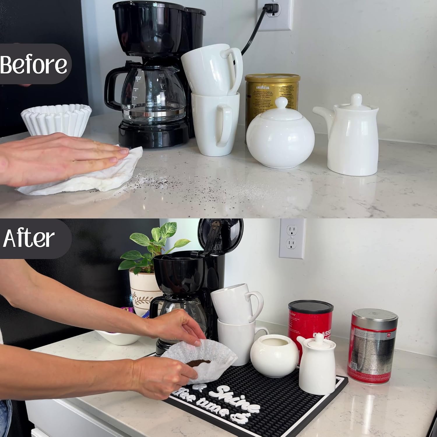 Coffee Bar Mats for Countertop Rise and Shine It's Coffee Time Sign 18x12 in Espresso Machine Mat Compatible, Premium Silicone Mat for Countertop for Tiki Bar Decor and Tiki Decorations