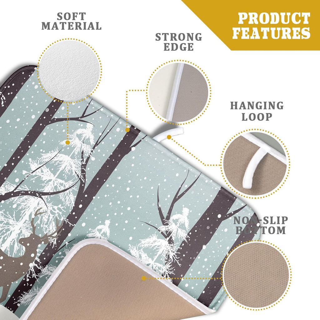 Winter Wildlife Deer Dish Drying Mat for Kitchen Counter,Xmas Landscape Snow Tree Ivory Drying Mat 16 x 18 Inch with High Absorbent Microfiber Drainer Mat for Coffee Bar