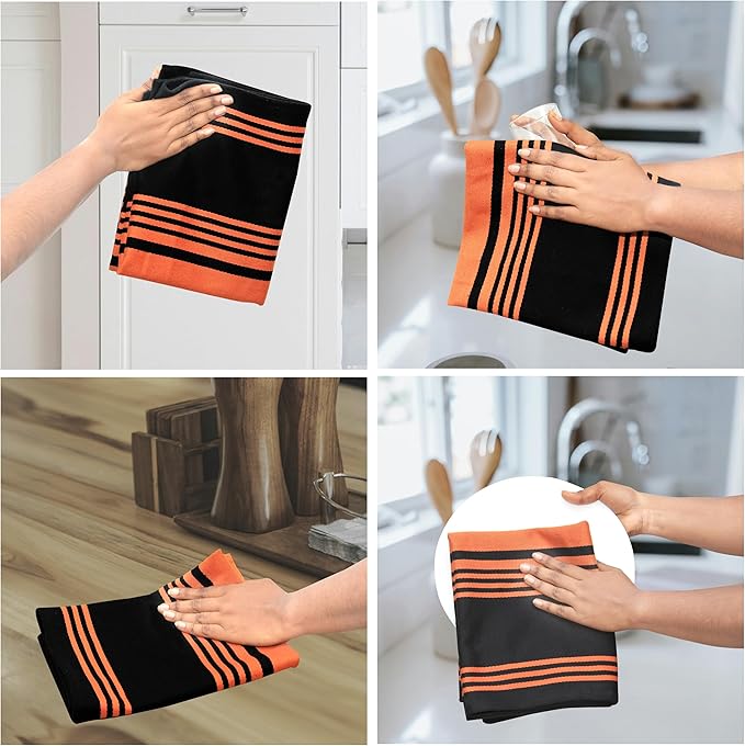 Urban Villa Kitchen Towels 100% Cotton Dish Towels(Set of 3) 20”x30” Dish Cloths Highly Absorbent Kitchen Linen Set with Hanging Loop Perfect for Drying Dishes Cleaning Towels-Orange Balck