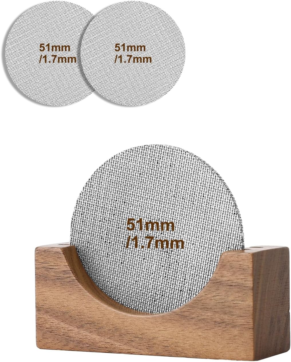 Espresso puck screen 51mm 2 Pack & Walnut Puck screen stand, 316 Stainless Steel Espresso Accessories, Professional Tool for Portafilter Filter Basket