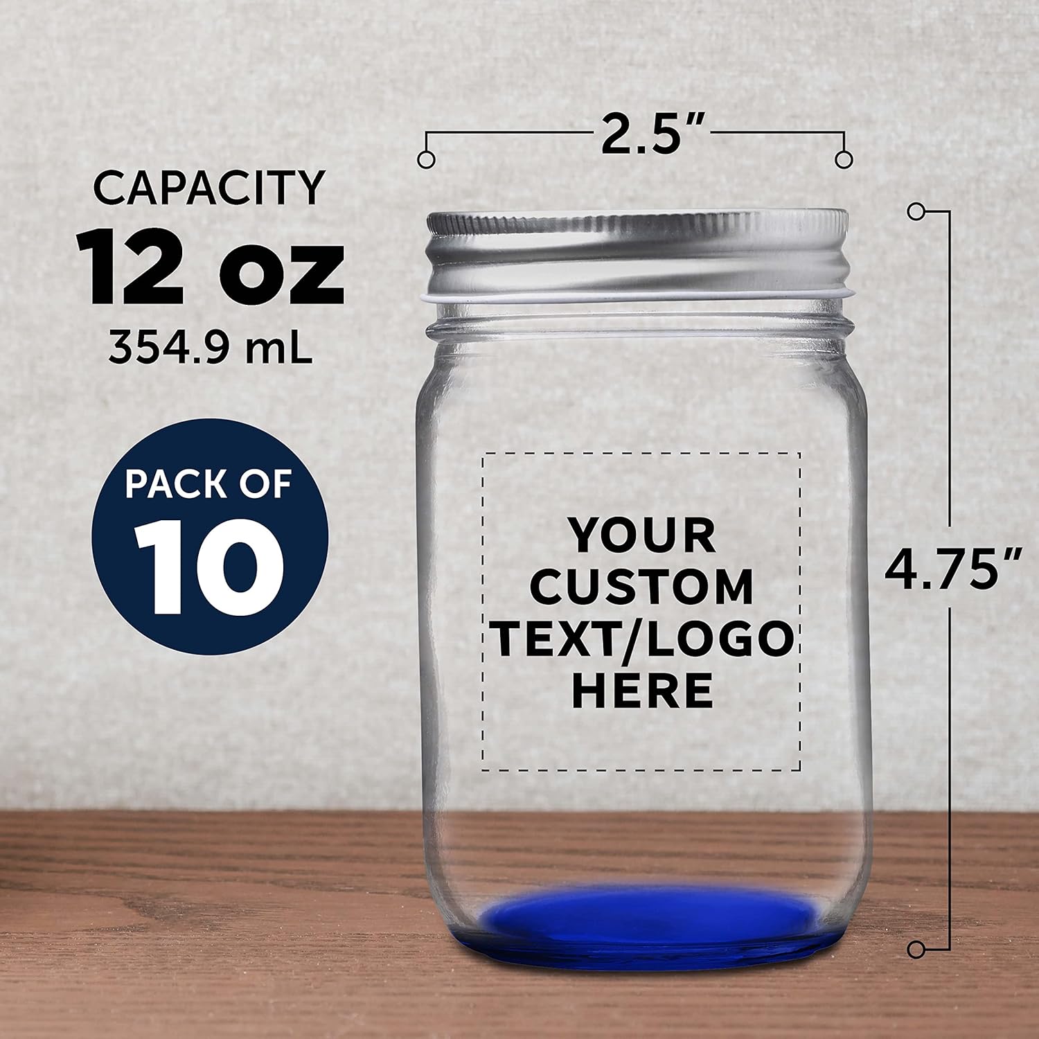 DISCOUNT PROMOS 10 Decorating Mason Jars Set, 12 oz. - Customizable Text, Logo - Canning, Aluminum Lid - Blue