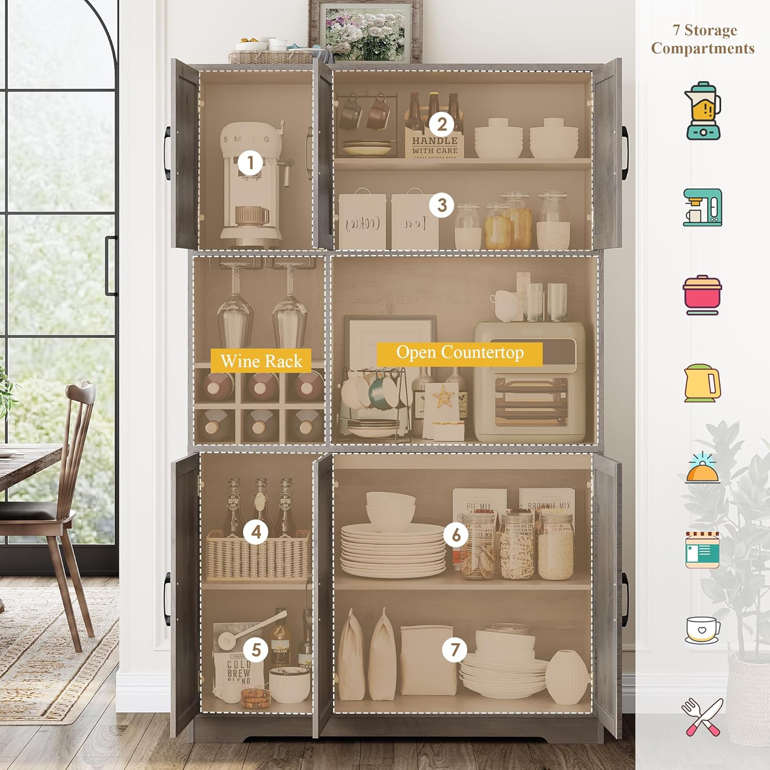 HOSTACK Kitchen Pantry Storage Cabinet, 71" Tall Food Pantry Cabinet with Microwave Stand, Farmhouse Kitchen Hutch, Coffee Bar Hutch with Wine Rack for Dining Room, Living Room, Ash Grey