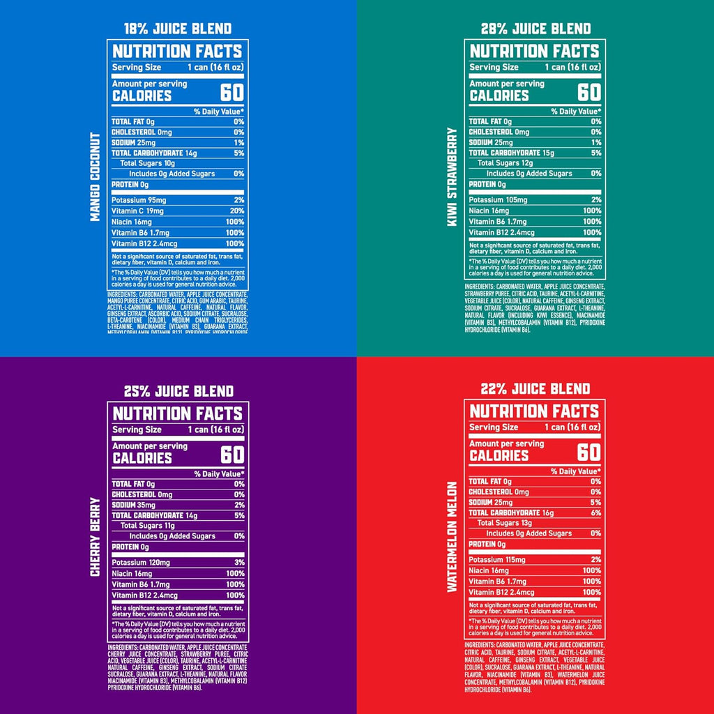 Gorilla Energy Drink, Variety Pack, 200mg Natural Caffeine, Real Fruit Juice Squeezed & Concentrated, L-Theanine, Taurine, Ginseng, Acetyl L-Carnitine, No Added Sugar and No Artificial Colors, 12 Pack