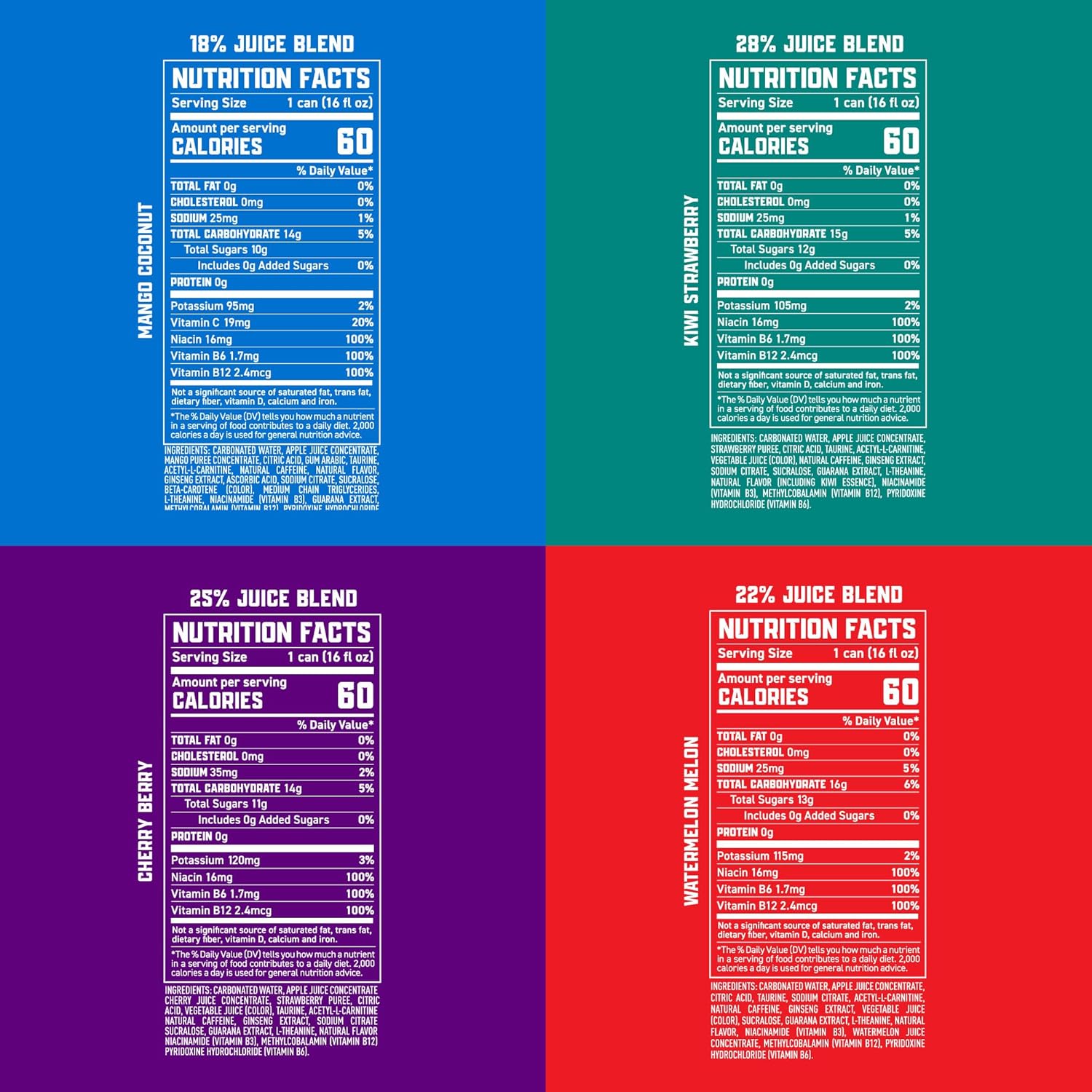 Gorilla Energy Drink, Variety Pack, 200mg Natural Caffeine, Real Fruit Juice Squeezed & Concentrated, L-Theanine, Taurine, Ginseng, Acetyl L-Carnitine, No Added Sugar and No Artificial Colors, 12 Pack