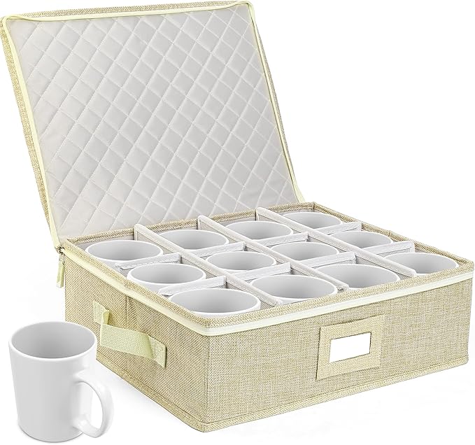 LotFancy Cup and Mug Storage Box, Hard Shell, China Coffee Mug Storage Container for Moving, Holds 12 Tea Cups, with Dividers & Handles, Beige