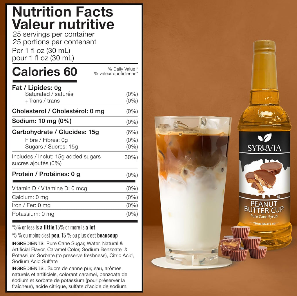 Syruvia Peanut Butter Cup Syrup for Coffee, Sweet Coffee Flavoring, 25.4 fl oz, Kosher, Gluten Free, Perfect for Lattes, Smoothies, Shakes, Drinks, Desserts, and More.