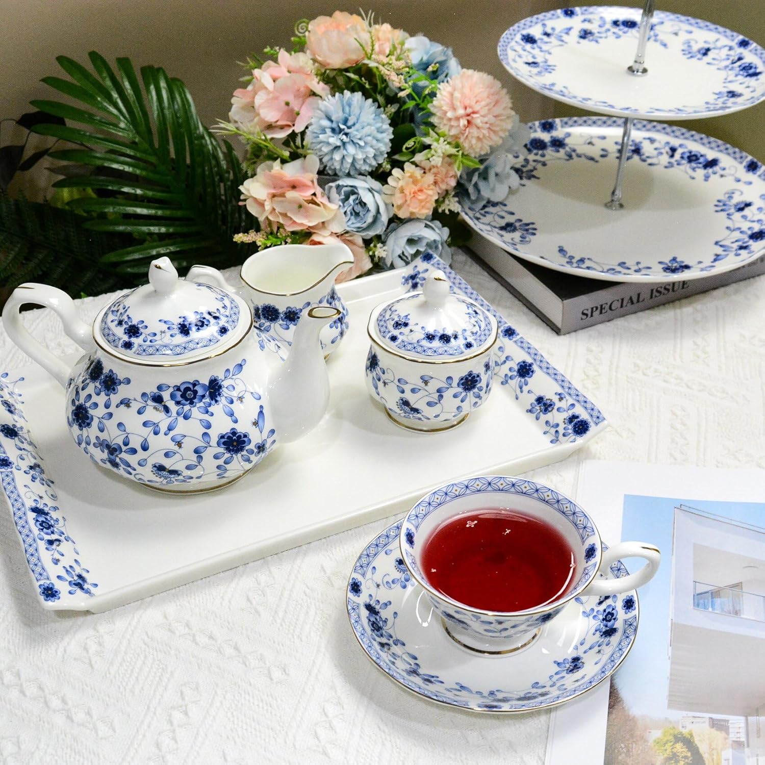 Bone China Tea Set with 2-Tier Afternoon Tea Stand and Serving Trays