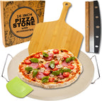 Large Pizza Stone for Oven 16 inch - Round Pizza Stone for Grill with Handles, Wood Pizza Peel and Cutter Set - Baking Stone for Bread - Pizza Making Kit Accessories - Gifts for Food Lovers