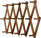 Dseap Accordian Wall Hanger: 16” High Wooden Wall Expandable Coat Rack, Hat Rack Holder, Accordion Hook for Baseball Caps, Coats, Mugs, 16 Peg Hooks, Brown