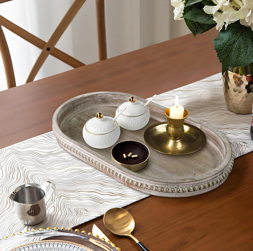 MAONAME Wood Serving Tray, Farmhouse Wooden Tray for Coffee Table, Oval Beaded Trays, Washed White Decorative Trays for Living Room, Kitchen, 15" X 9" X 1.2"