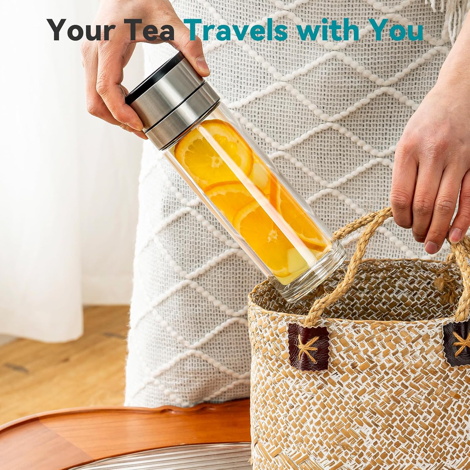 COMI Tea Bottle with Infuser,Double-Wall Glass Travel Mug with One Click Open Lid, Leak Proof Tea Infuser Bottle for Loose Leaf, Fruit & Flower Infused Drinks, Heat & Cold Resistant, Tea Gift Set