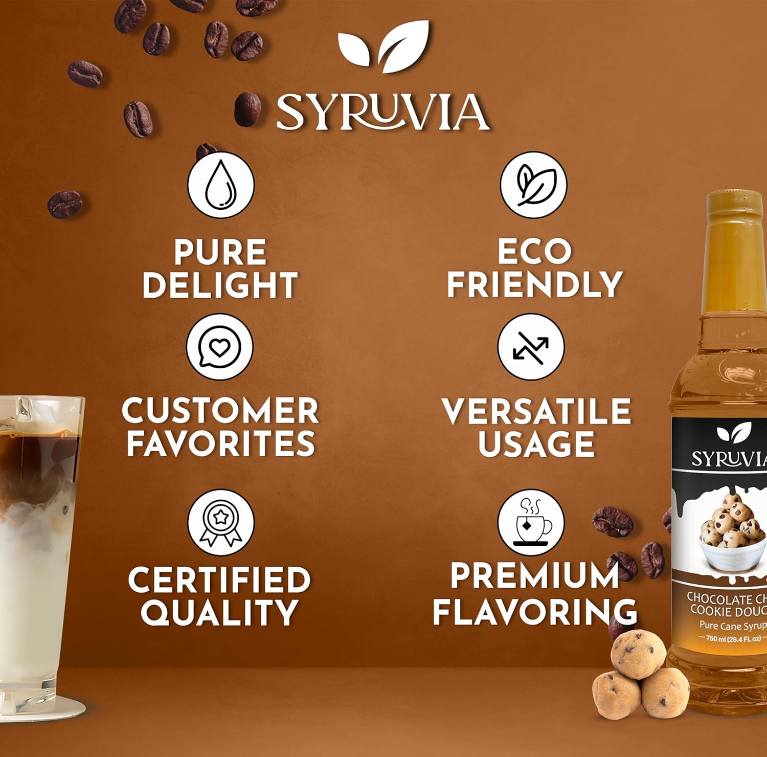 Syruvia Chocolate Chip Cookie Dough Syrup - 25.4 fl oz. Kosher and Gluten-Free. Ideal for Enhancing Drinks, Sodas, Shakes, Desserts, and More.