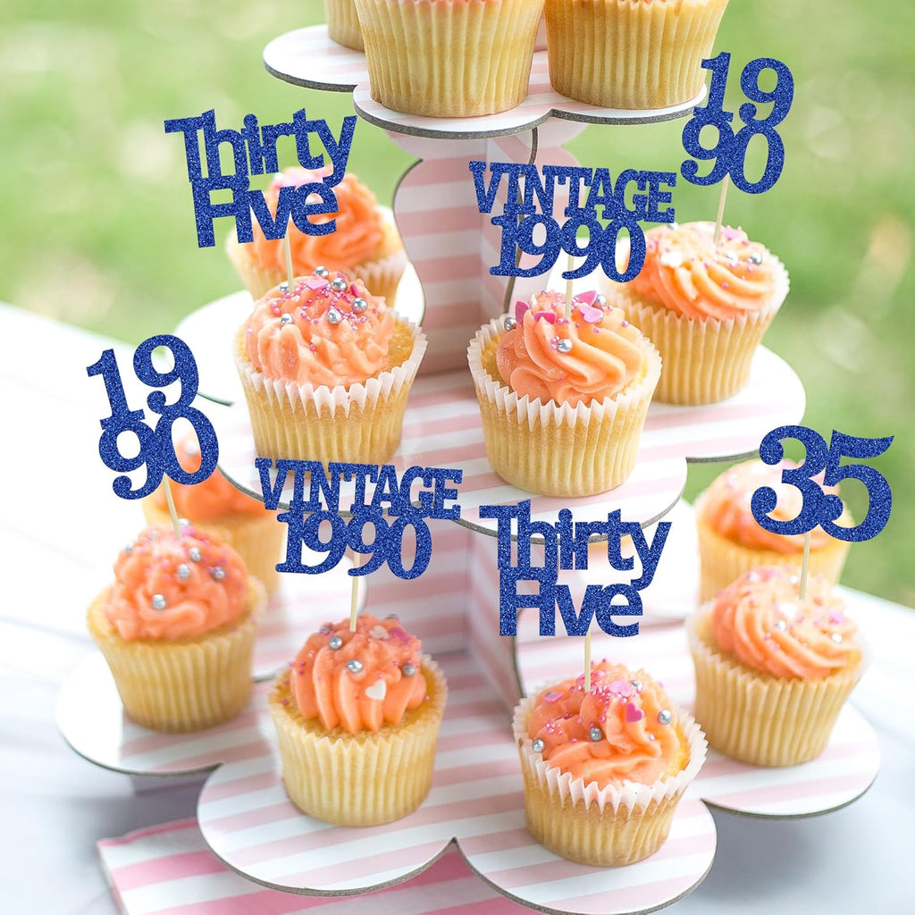 Gyufise 24Pcs Vintage 1990 Cupcake Toppers Glitter Cheers to 35 Fabulous Thirty Five Cupcake Picks 35th Birthday Wedding Anniversary Party Cake Decorations Supplies Deep Blue