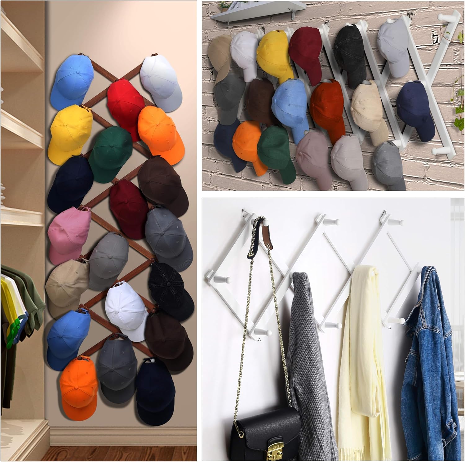 Dseap Accordion Wall Hanger:16'' High Wooden Wall Expandable Coat Rack,Hat Rack Holder,Accordion Hook for Baseball Caps,Coats,13 Peg Hooks,Dark Walnut