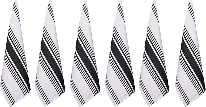 Urban Villa Kitchen Towels 100% Cotton Pack of 6, Highly Absorbent Quick Drying Super Soft Premium Dish Towels for Kitchen with Hanging Loop Hand & Tea Towels - 20x30 Inch, (Black & White, Striped)